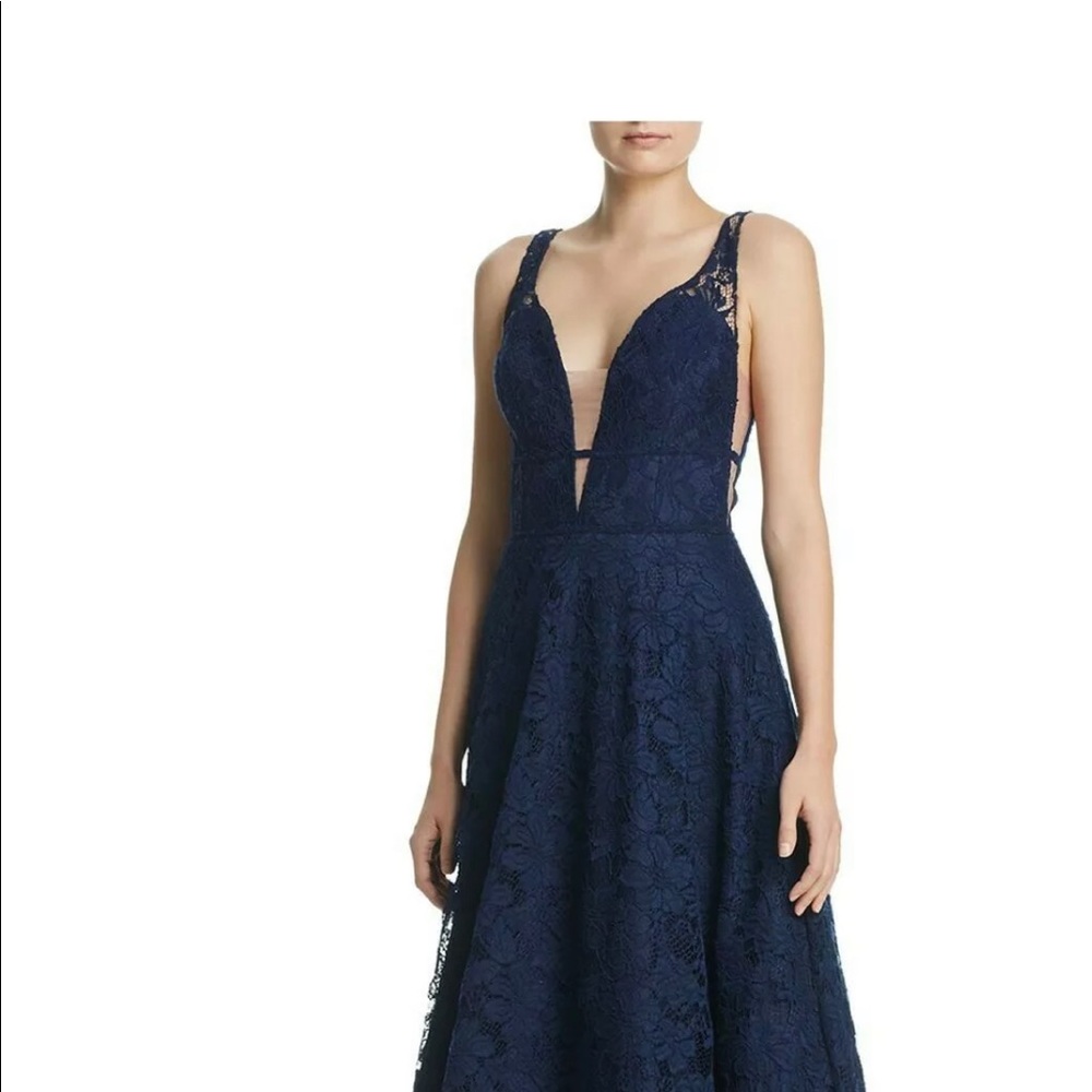 AQUA Womens Navy Sleeveless V Neck Full-Length Fit + Flare Formal Dress Size: 6